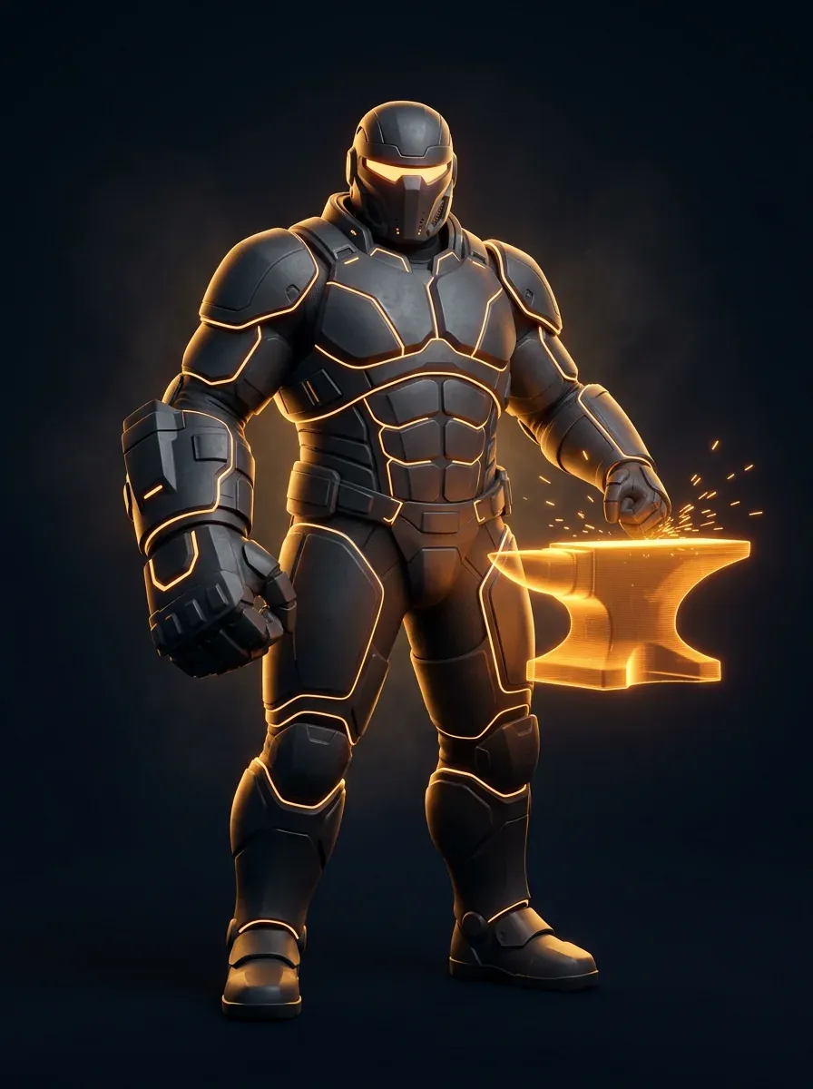 FORGE, the web design hero, beside a glowing amber anvil