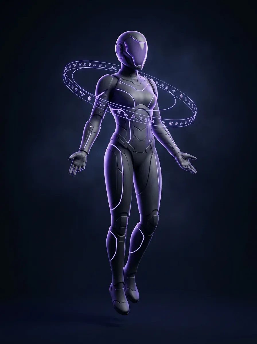 ORACLE, the AI search hero, floating inside violet glyph rings