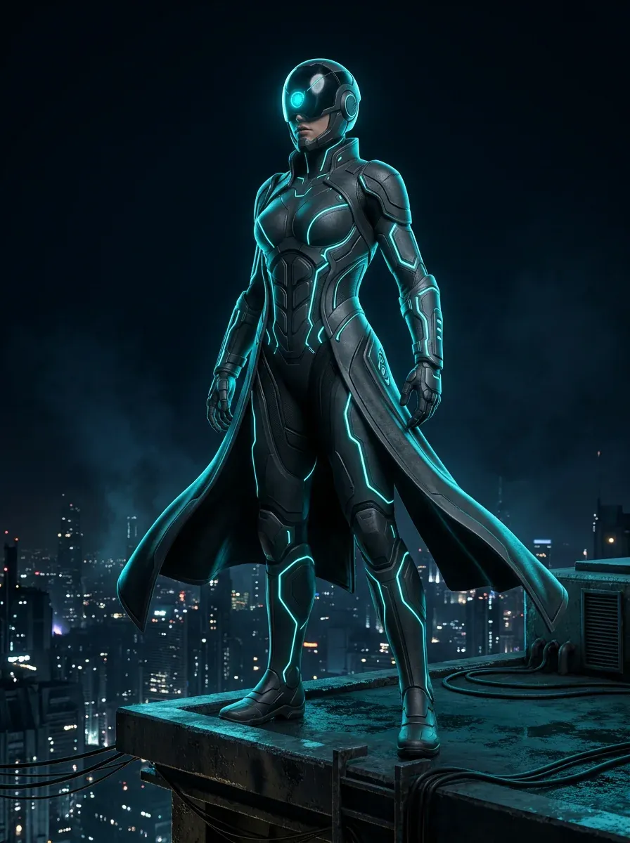 VANTAGE, the SEO hero, in cyan-lit armour on a rooftop at night