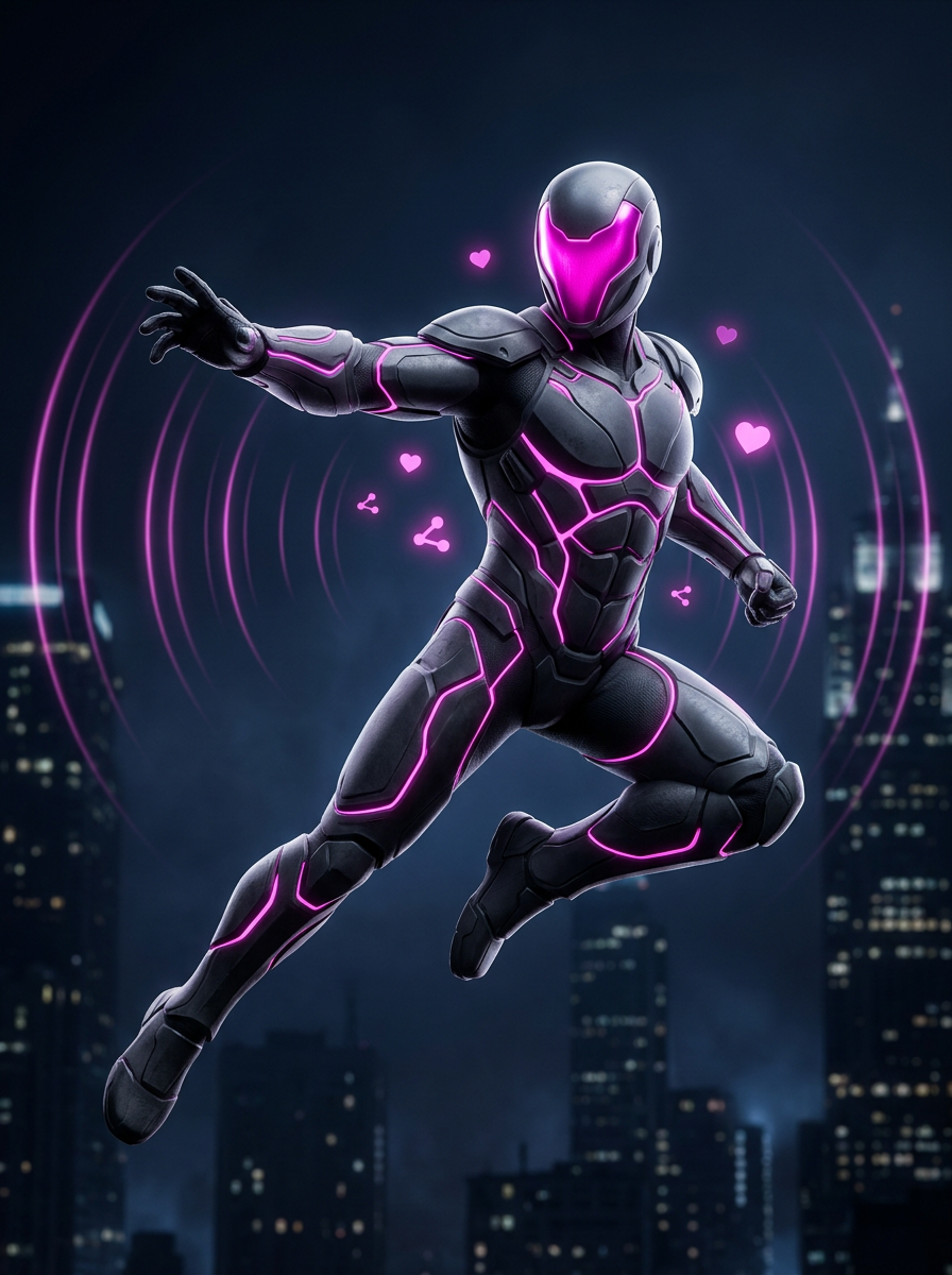 ECHO, the social media hero, raising a hand inside magenta sound rings