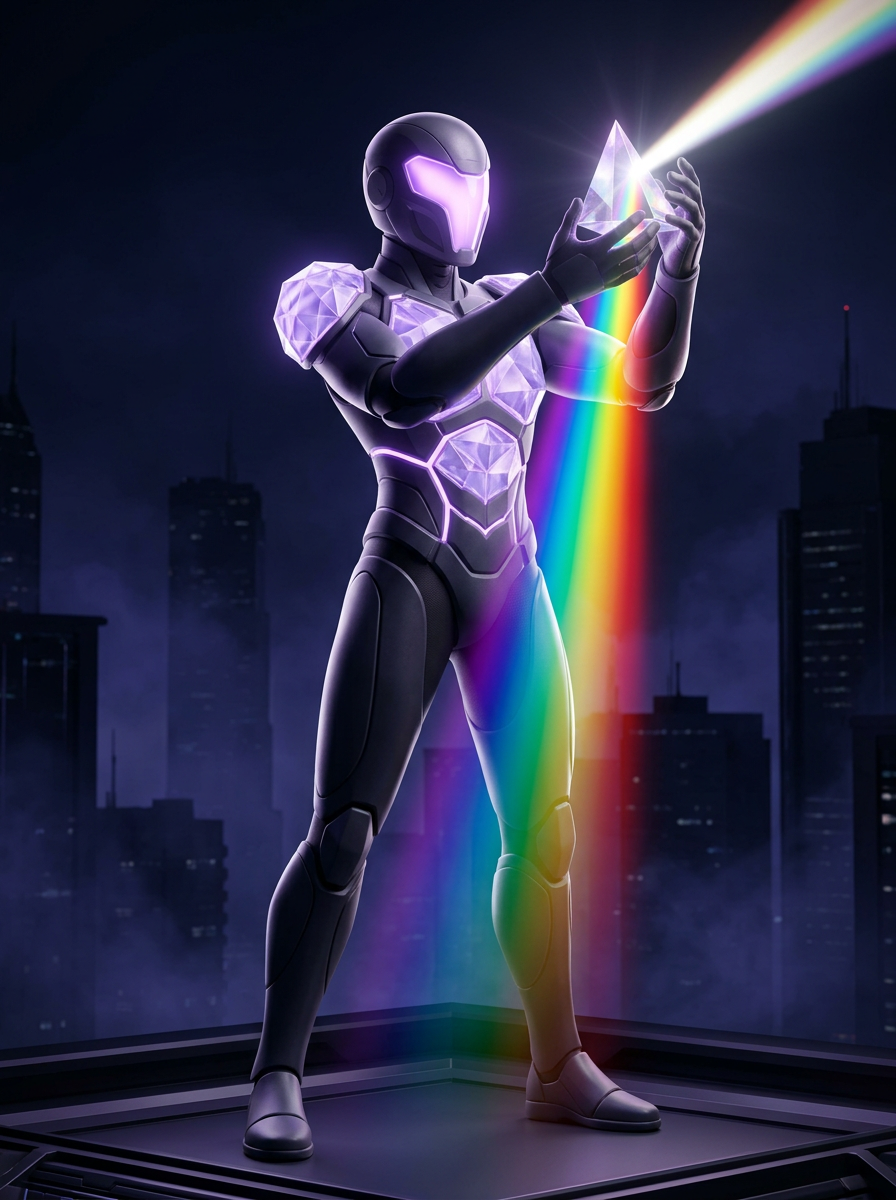 PRISM, the branding hero, in crystal armour splitting light into colours