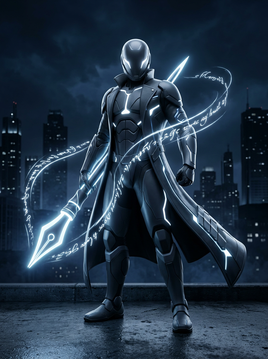 QUILL, the content hero, holding a pen-nib light blade