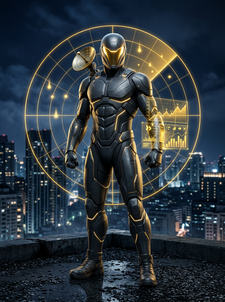 RADAR, the analytics hero, with a radar shoulder dish and wrist screens
